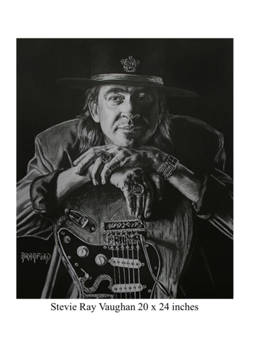 Vtg Stevie Ray Vaughan Art Bradford John Salamon Rock Music Guitar Print 20X24